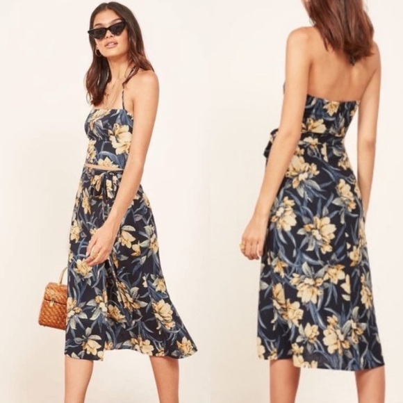 Reformation Umbria Midi Dress Tropical Wrap Bottom Cut Out Plumeria Floral 0 - Picture 2 of 10
